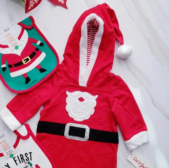 Cat & Jack Baby Lot Santa Outfit & 2 Bibs Carter's Christmas Holiday - Picture 3 of 14